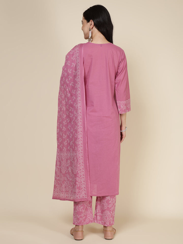 Embroidered Cotton Blend Kurta With Pants &amp; Dupatta