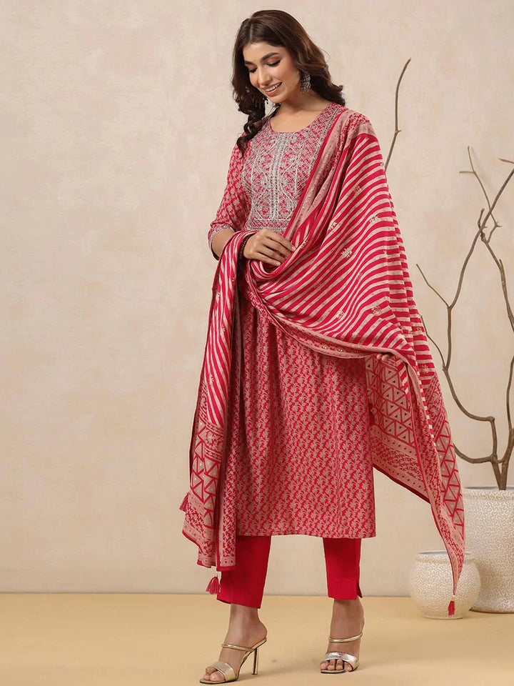 Neck Embroidered Muslin Kurta With Pants &amp; Dupatta