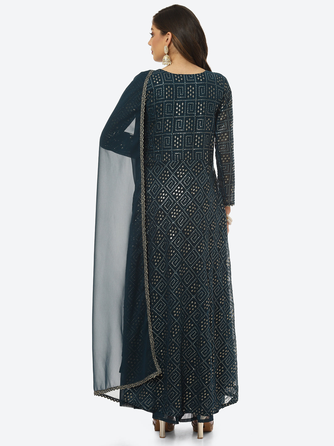 Sequin Embroidered Art Georgette Kurta With Palazzo &amp; Georgette Dupatta