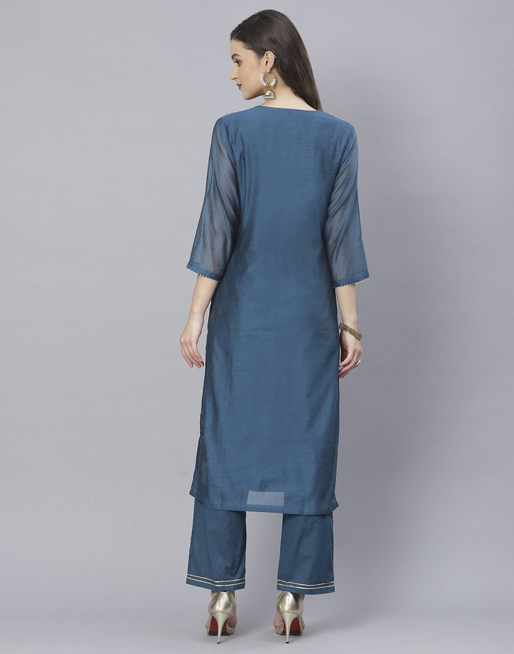 Red and Teal Blue Cotton Chanderi Salwar Kameez