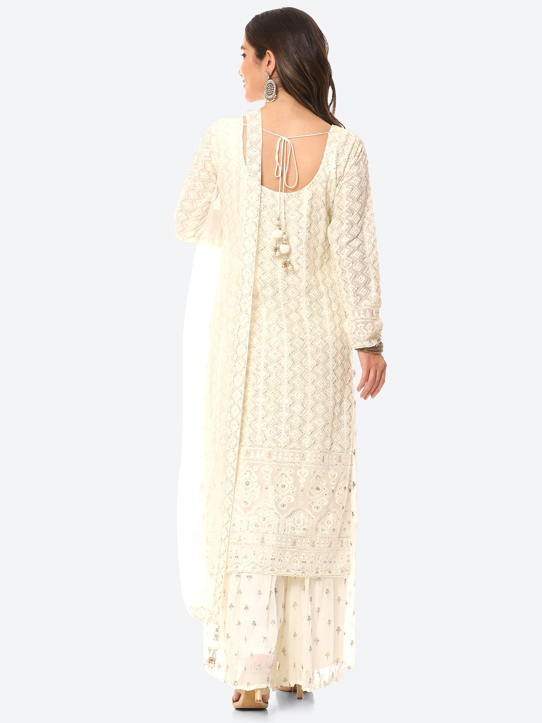 Resham Sequin Booti Georgette Kurta With Palazzo &amp; Net Dupatta