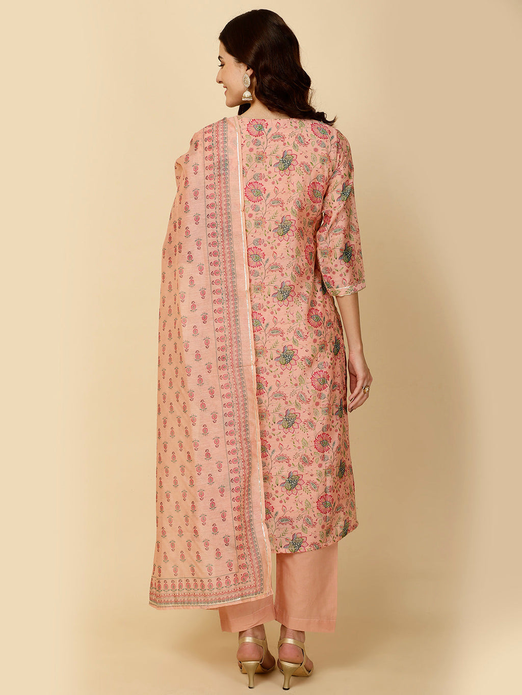 Floral Printed Chanderi Kurta With Pants & Dupatta