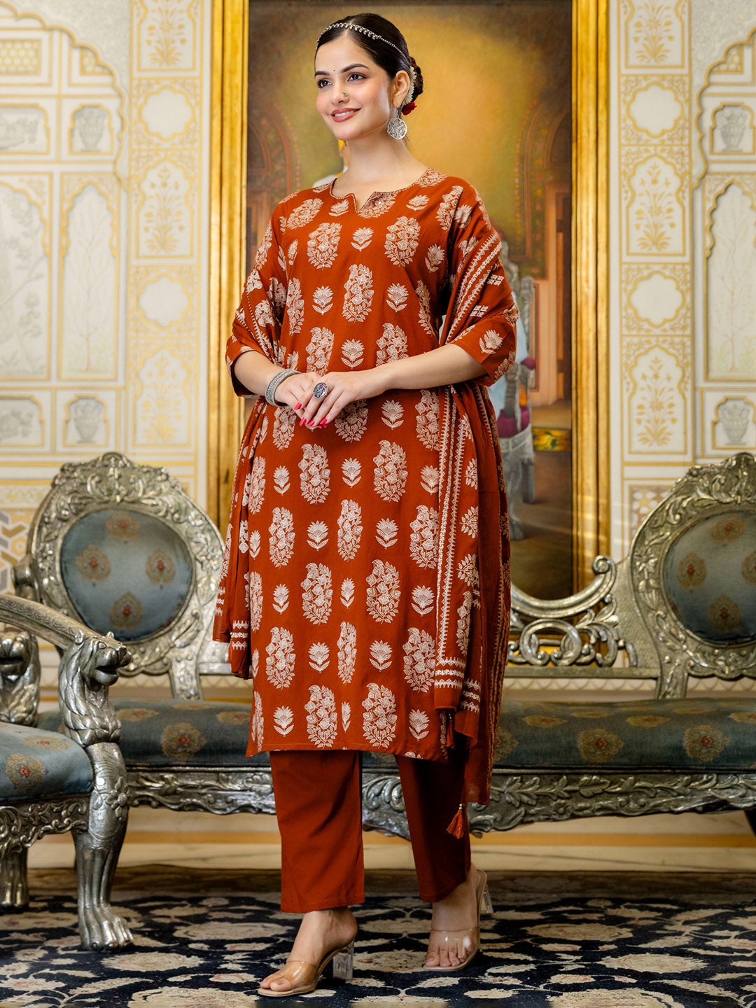 Rust Cotton Blend Printed Straight Suit Set