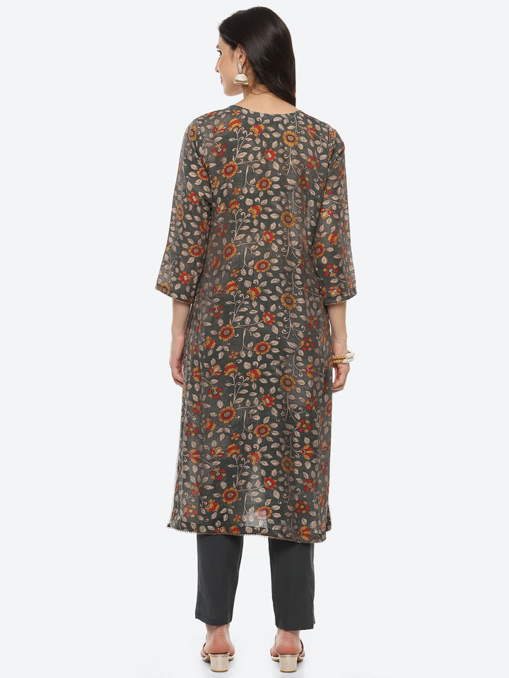 Sequin Yoke Printed Muslin Kurta With Pant