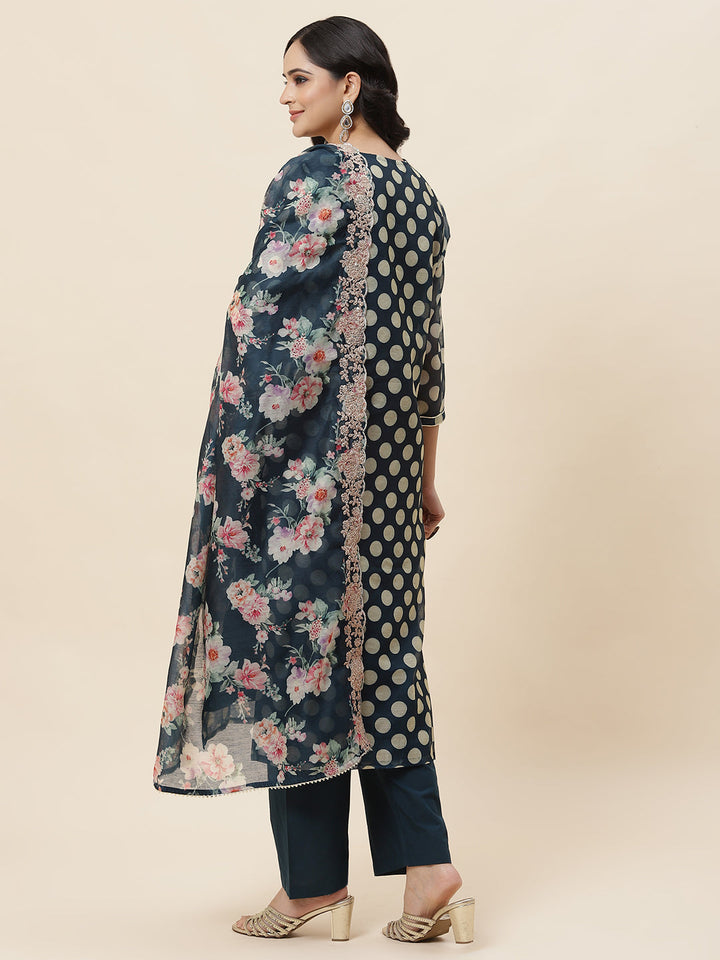 Polka Dot Printed Chanderi Kurta With Pants &amp; Dupatta