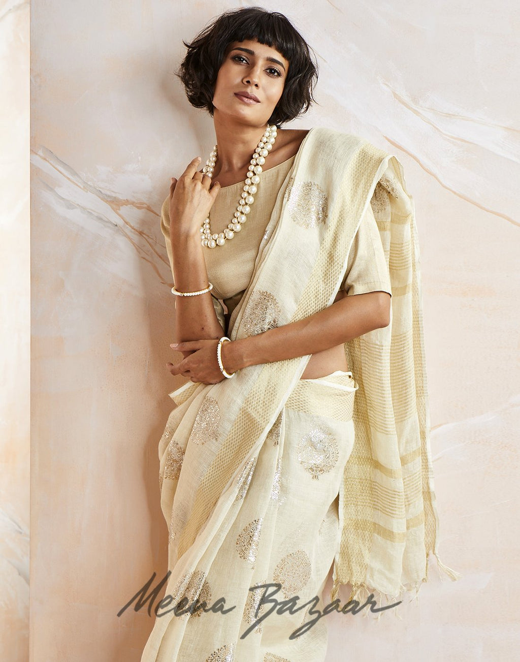 Cream Gold Cotton Linen Printed Saree
