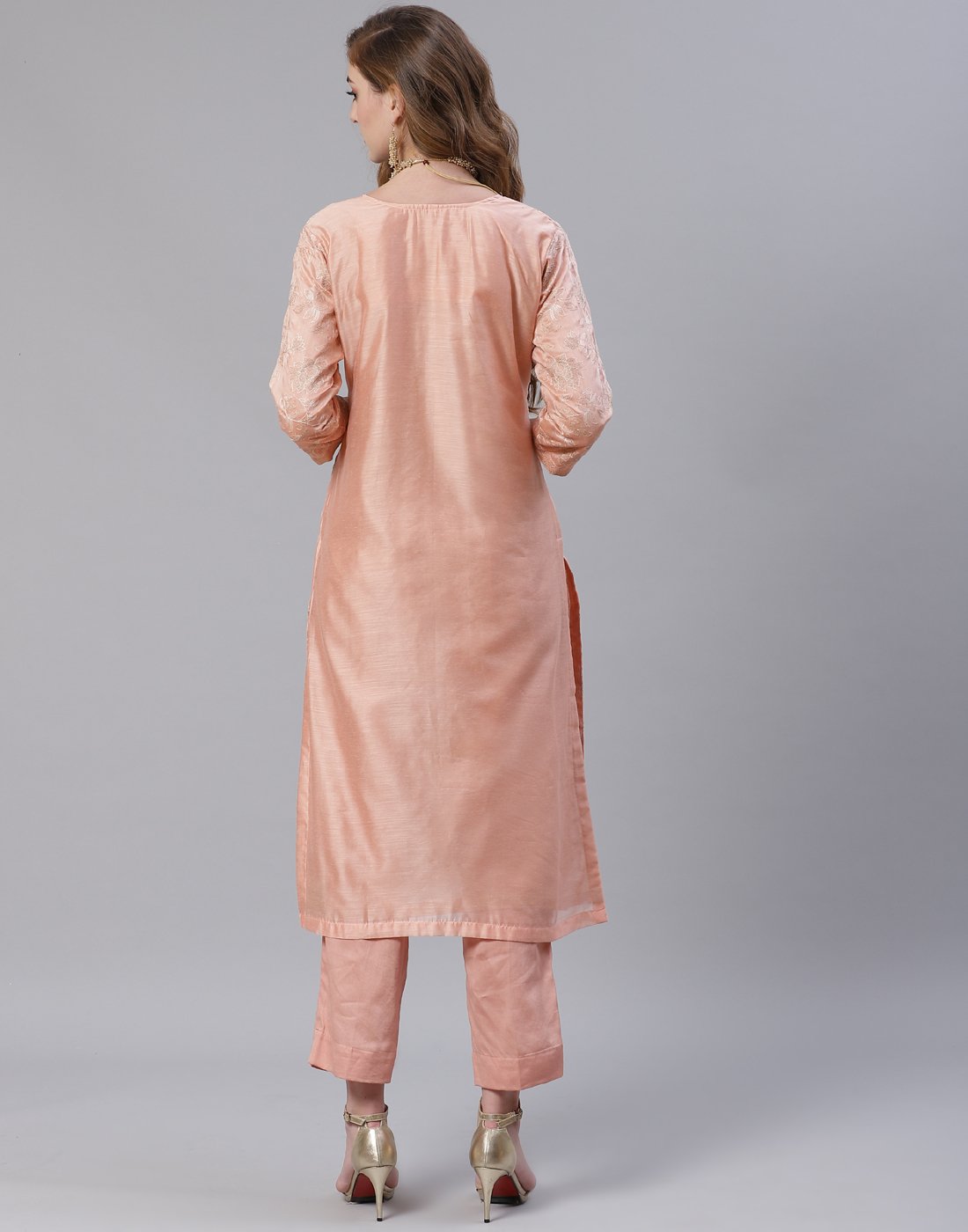 Peach and Sea Green Cotton Chanderi Salwar Kameez Stitched Suit