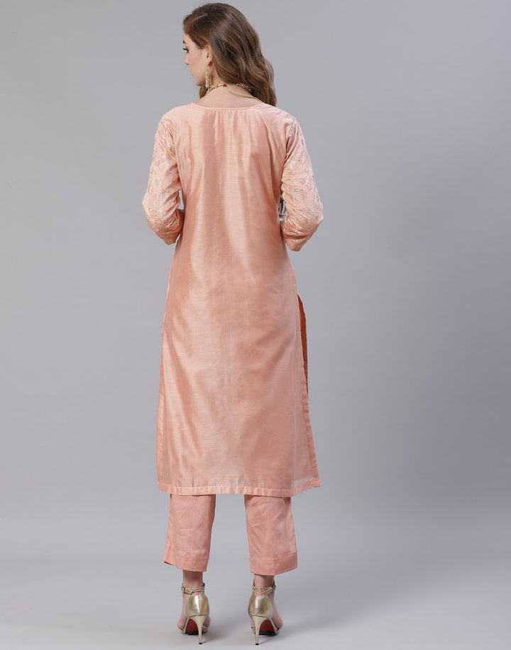Peach and Sea Green Cotton Chanderi Salwar Kameez Stitched Suit