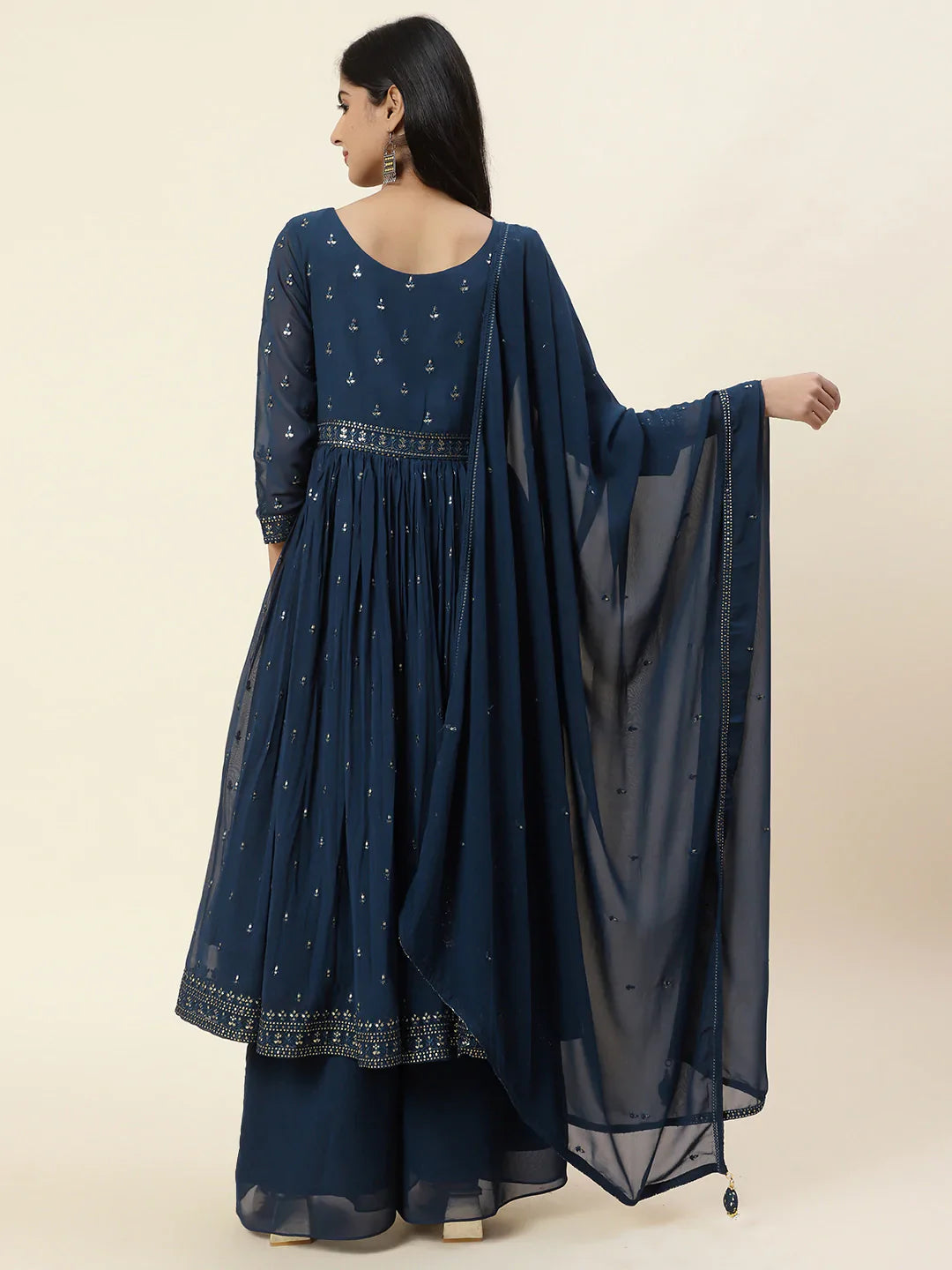 Resham Sequin Embroidered Georgette Kurta With Palazzo &amp; Dupatta