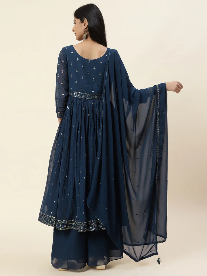 Resham Sequin Embroidered Georgette Kurta With Palazzo &amp; Dupatta