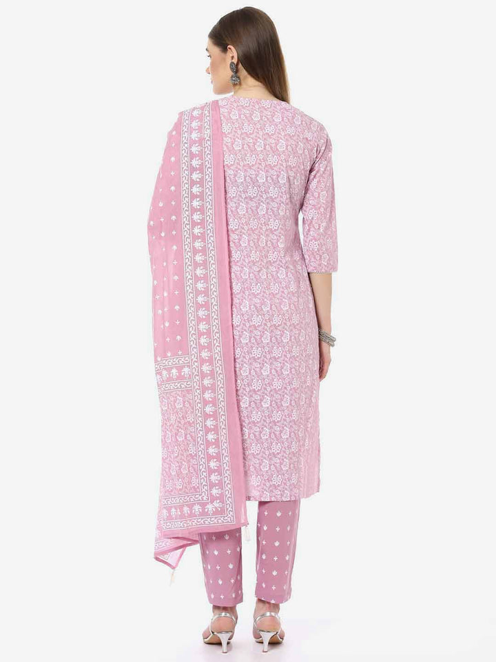 Resham Neck Booti Printed Cotton Kurta With Pant &amp; Cotton Dupatta