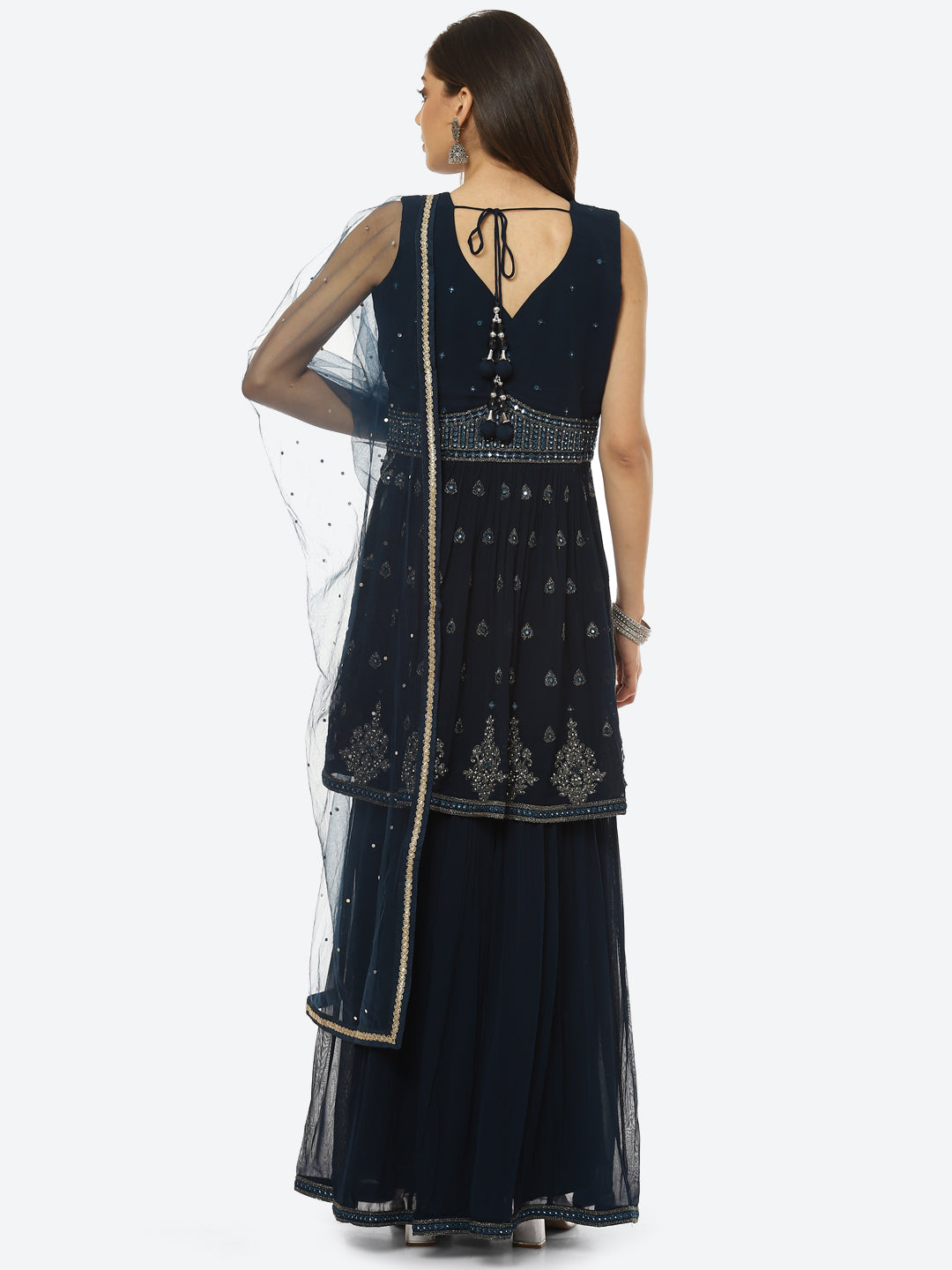 Embroidered Art Georgette Anarkali Kurti With Sharara And Net Dupatta