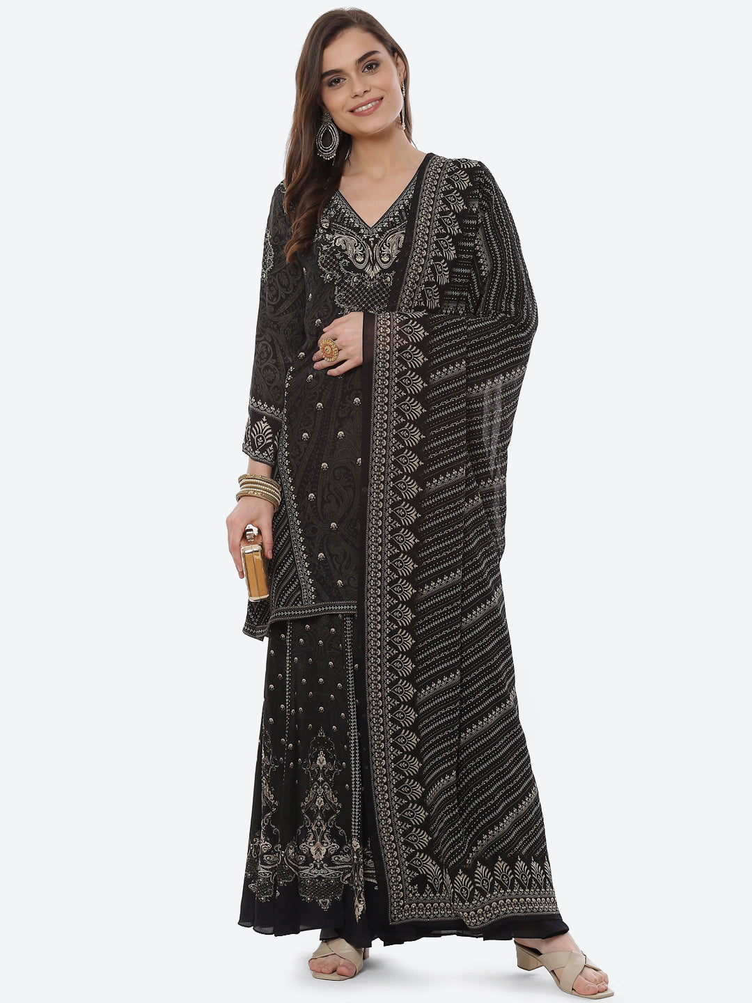 Digital Printed Crepe Kurta With Sharara &amp; Georgette Dupatta