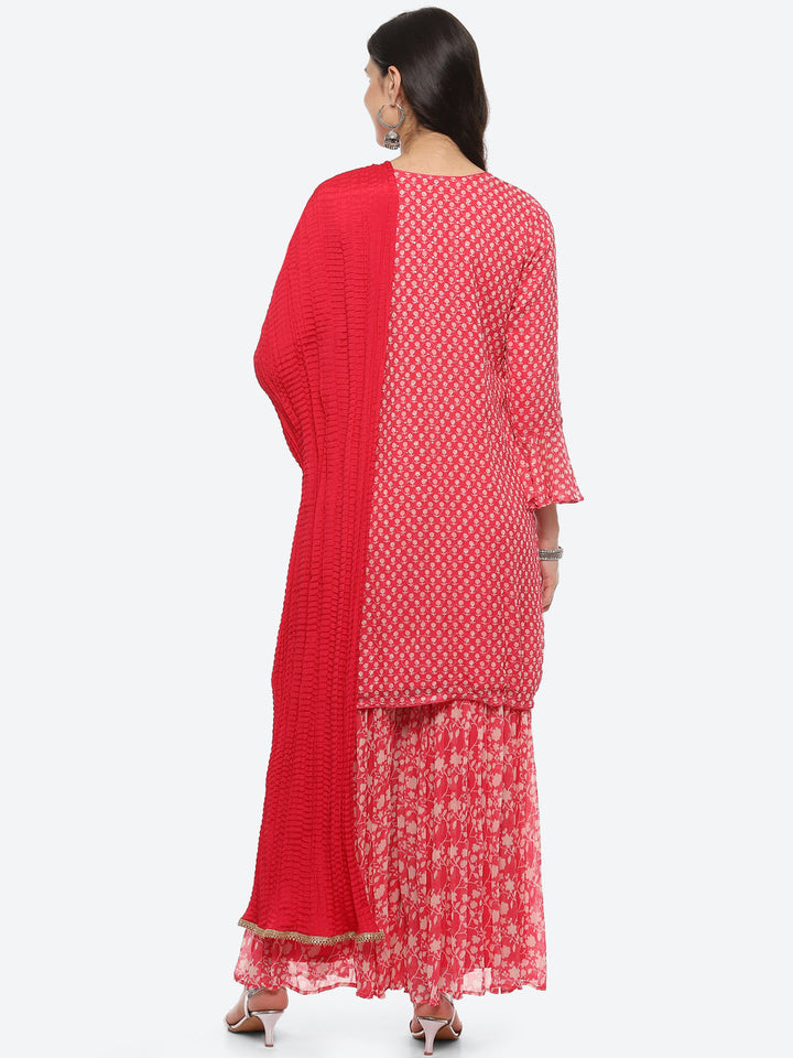 Printed Georgette Kurta With Garara &amp; Chiffon Dupatta