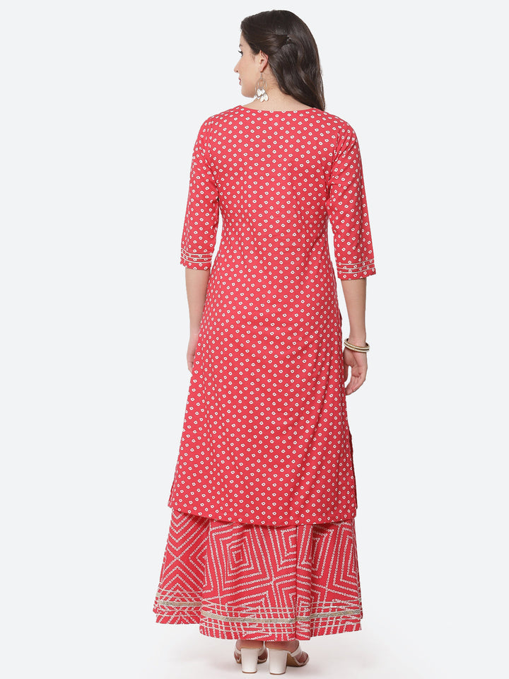 Printed Gota Work Cotton Kurti With Bandhani Printed Skirt