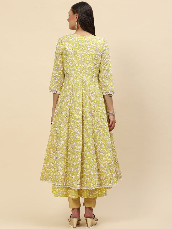 Floral Printed Cotton Anarkali Kurta With Jacket