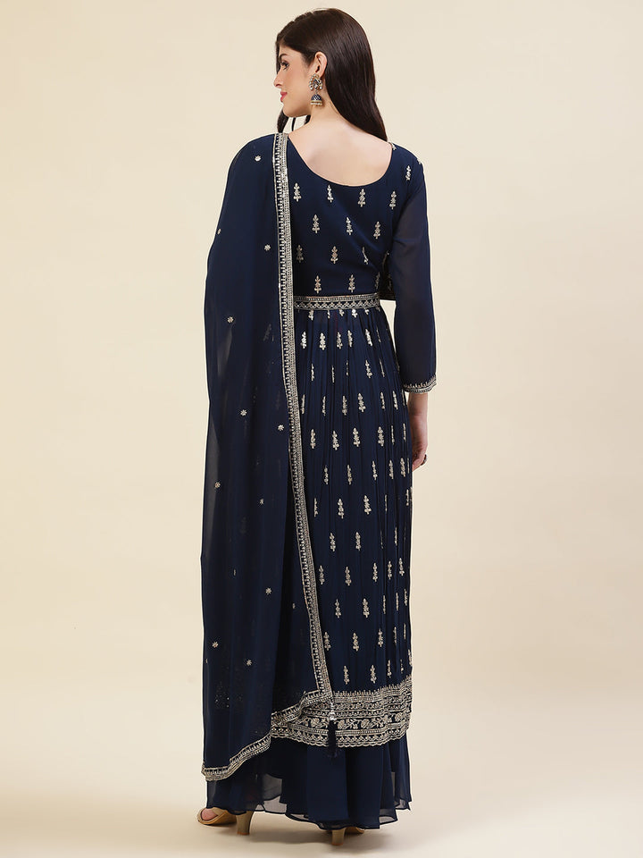 Resham Sequin Booti Georgette Kurta With Palazzo &amp; Dupatta