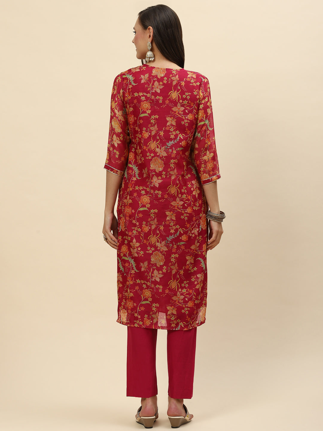 Neck Embroidered &amp; Floral Printed Chanderi Kurta With Pants