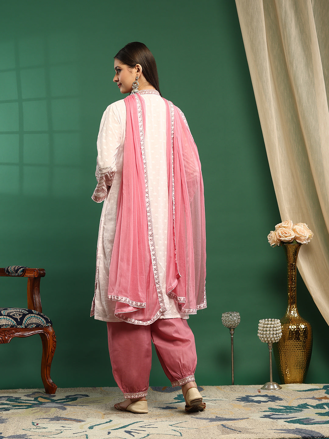 Embroidered Cotton Blend Kurta With Pant &amp; Dupatta