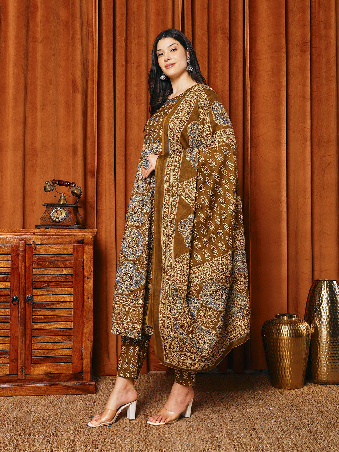 Printed Cotton Blend Kurta With Pants &amp; Dupatta