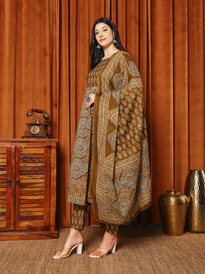 Printed Cotton Blend Kurta With Pants &amp; Dupatta