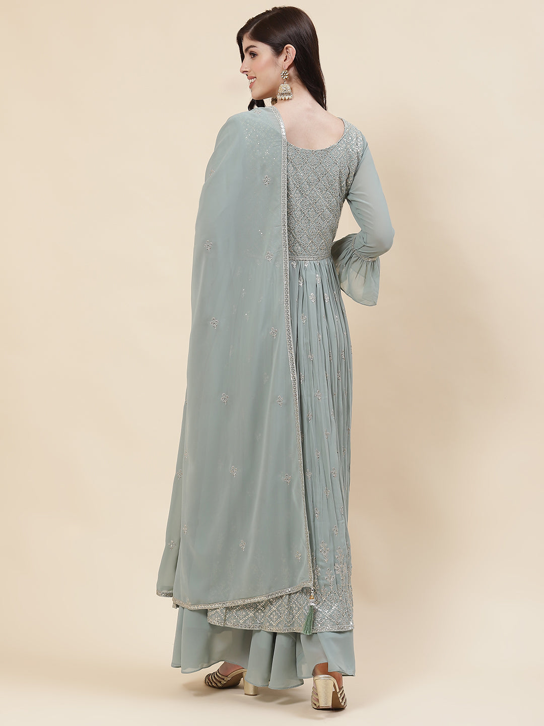 Zari Embroidered Booti Georgette Kurta With Palazzo &amp; Dupatta