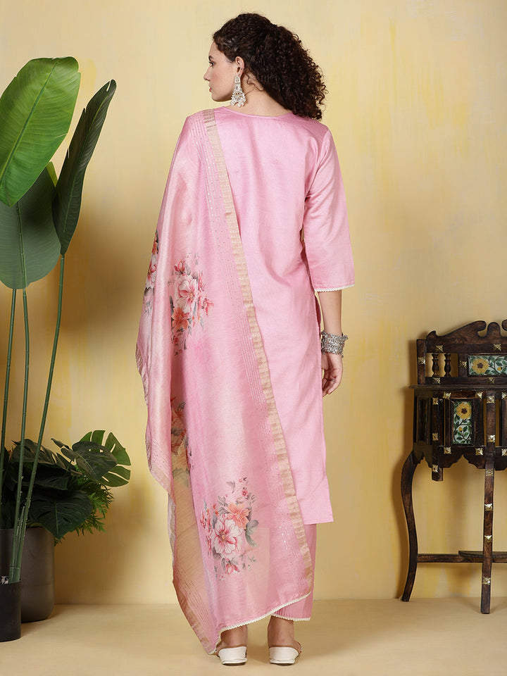 Neck Embroidered Cotton Blend Kurta With Pants &amp; Dupatta