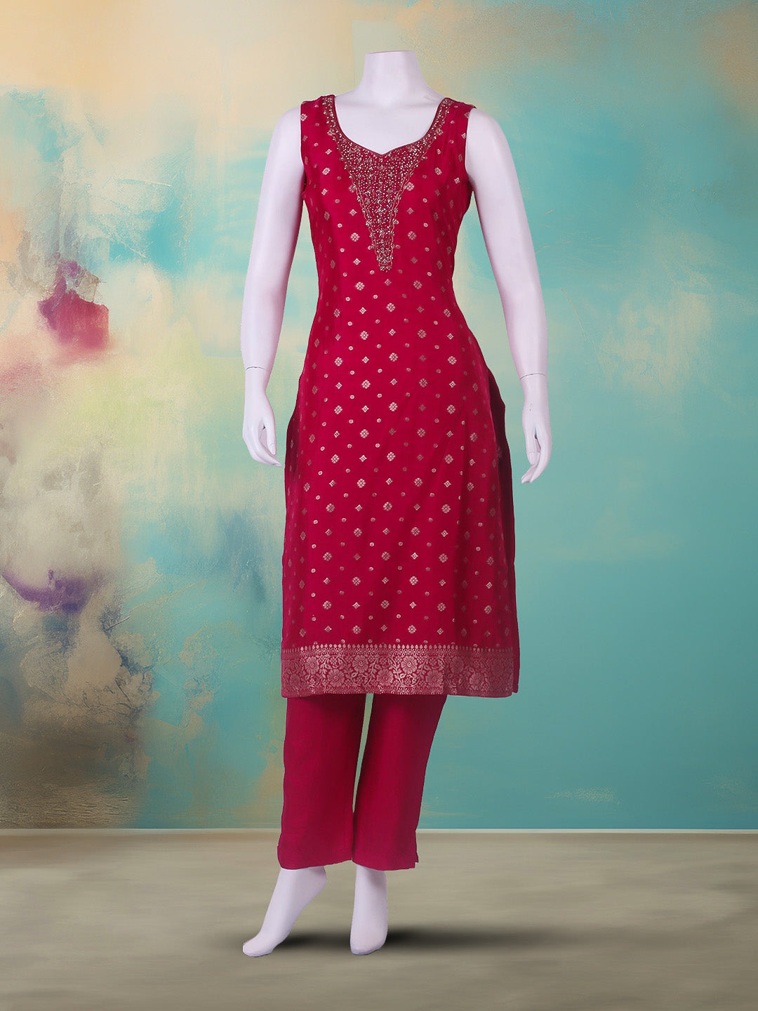 Embroidered Art Silk Suit With Pant &amp; Dupatta