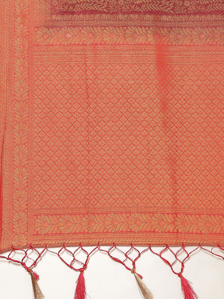 Brocade Zari Jaal Art Handloom Saree  with Contrast Blouse
