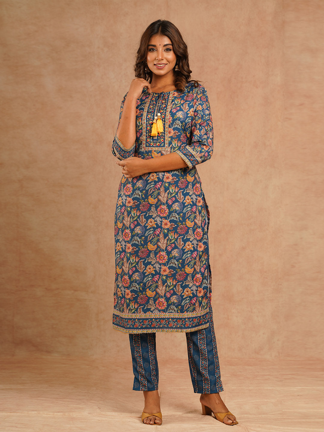 Floral Printed Muslin Kurta With Pants &amp; Dupatta