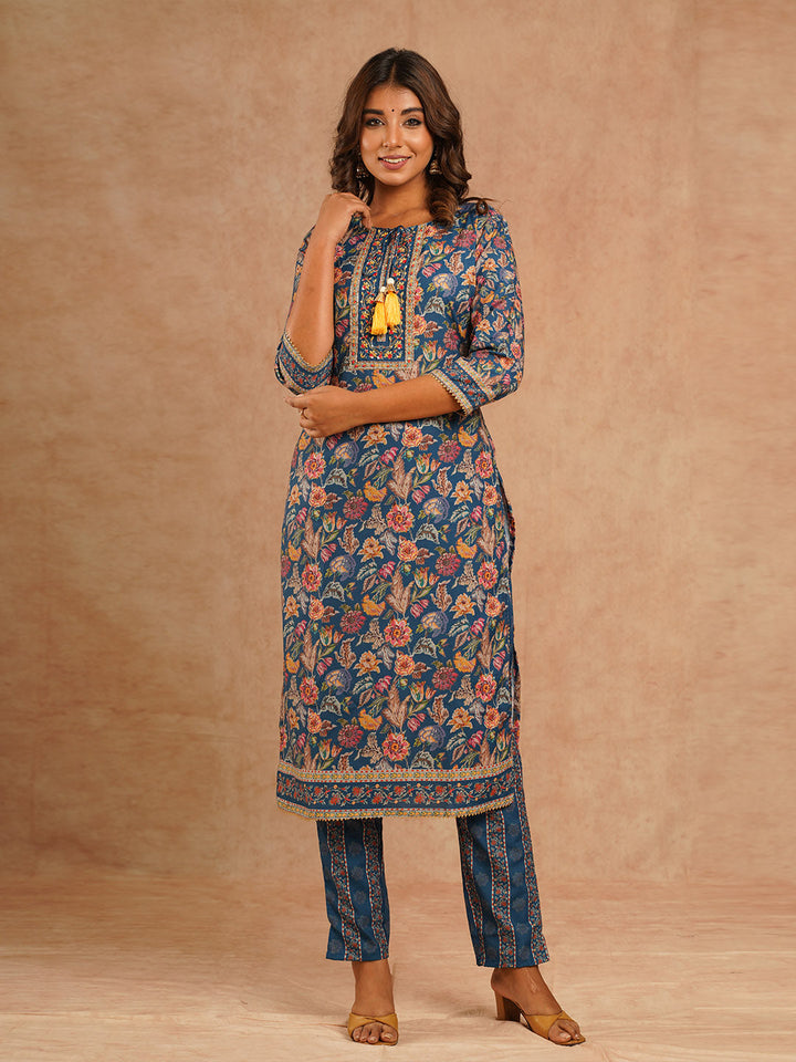 Floral Printed Muslin Kurta With Pants &amp; Dupatta