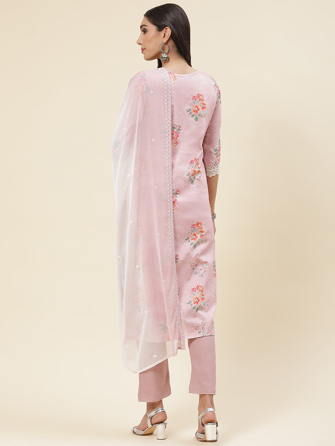 Floral Printed &amp; Embroidered Cotton Kurta With Pants &amp; Dupatta