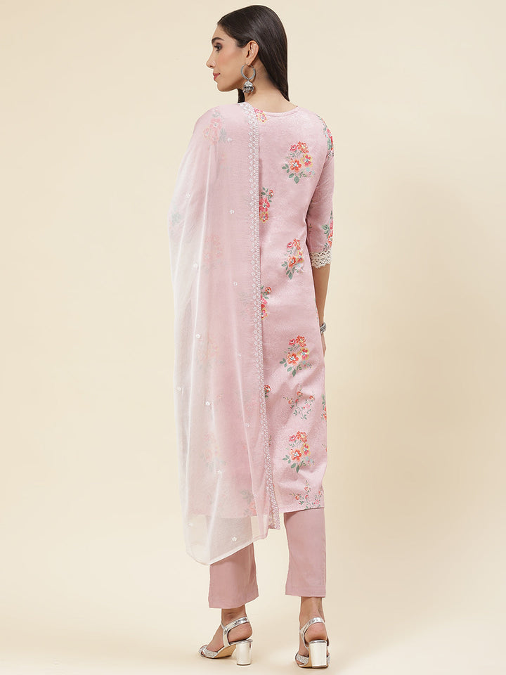 Floral Printed &amp; Embroidered Cotton Kurta With Pants &amp; Dupatta