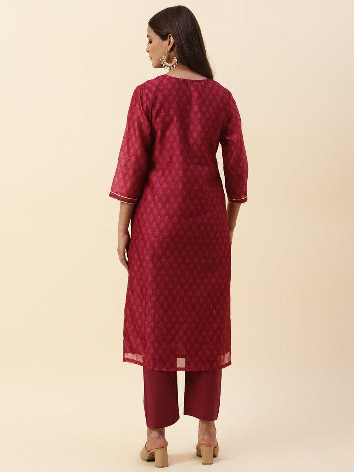 Printed &amp; Neck Embroidered Chanderi Kurta With Pants