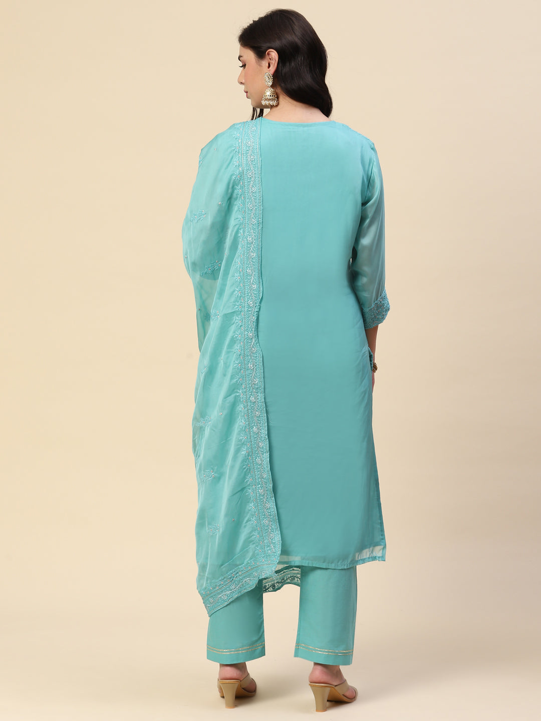 Resham Embroidered Booti Organza Kurta With Pants &amp; Dupatta