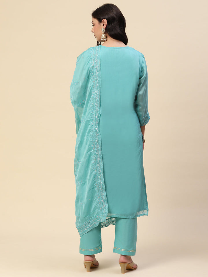 Resham Embroidered Booti Organza Kurta With Pants &amp; Dupatta