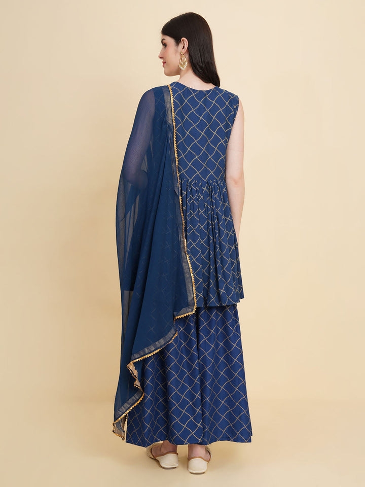 Printed Cotton Blend Blue Suit With Pant &amp; Dupatta