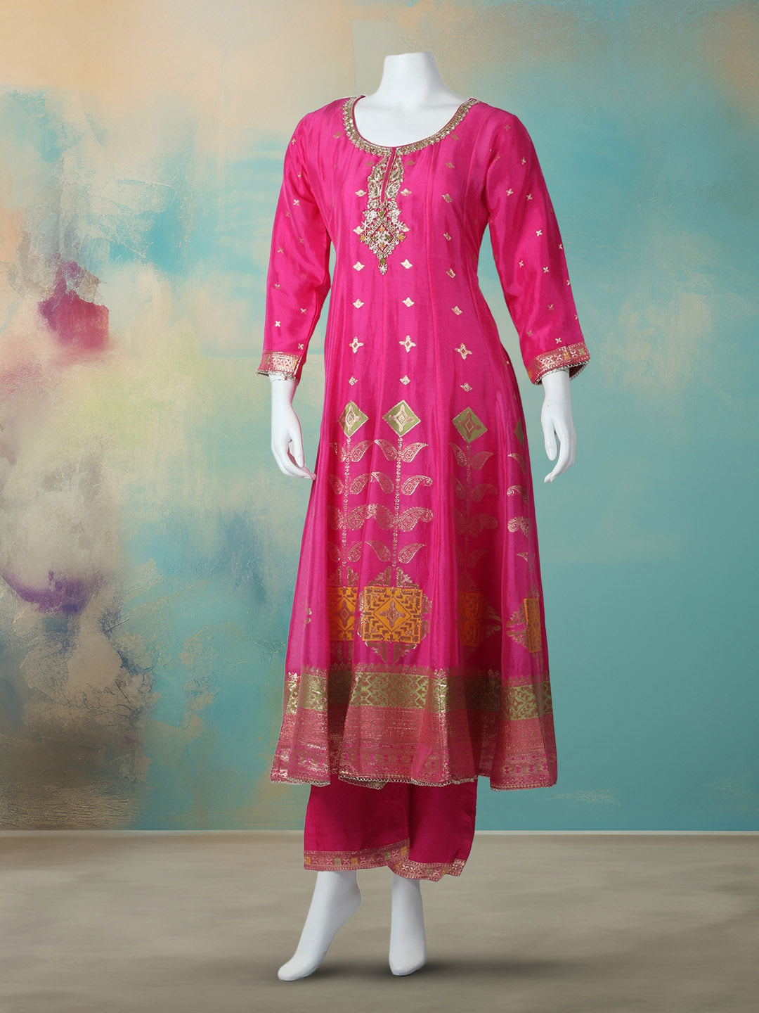 Embroidered Art Silk Stitched Kurta With Pant &amp; Dupatta