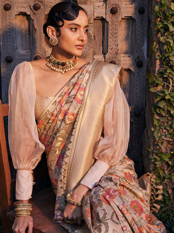 Floral Zari Jaal Organza Woven Saree