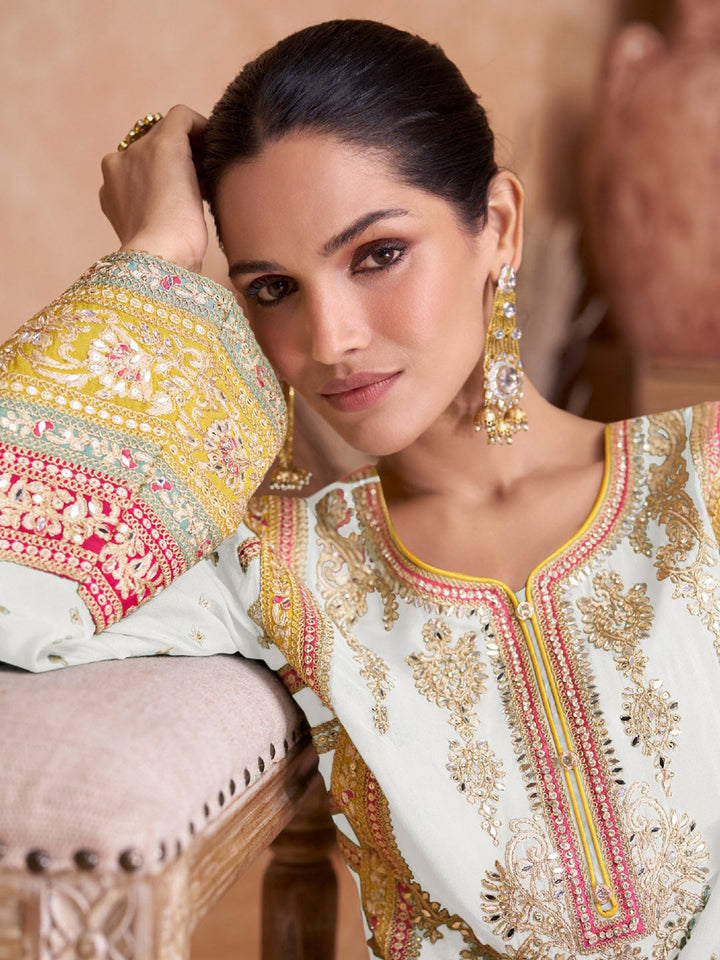 Embroidered Chinon Kurta With Plazzo &amp; Dupatta