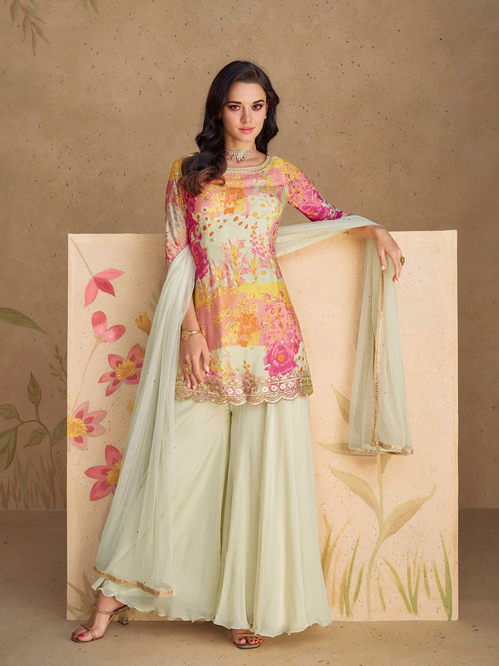 Embroidered Chinon Kurti With Plazzo &amp; Dupatta