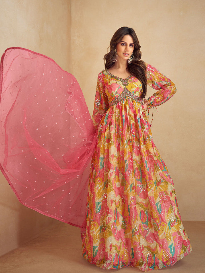 Printed &amp; Embroidered Chinon Gown With Dupatta
