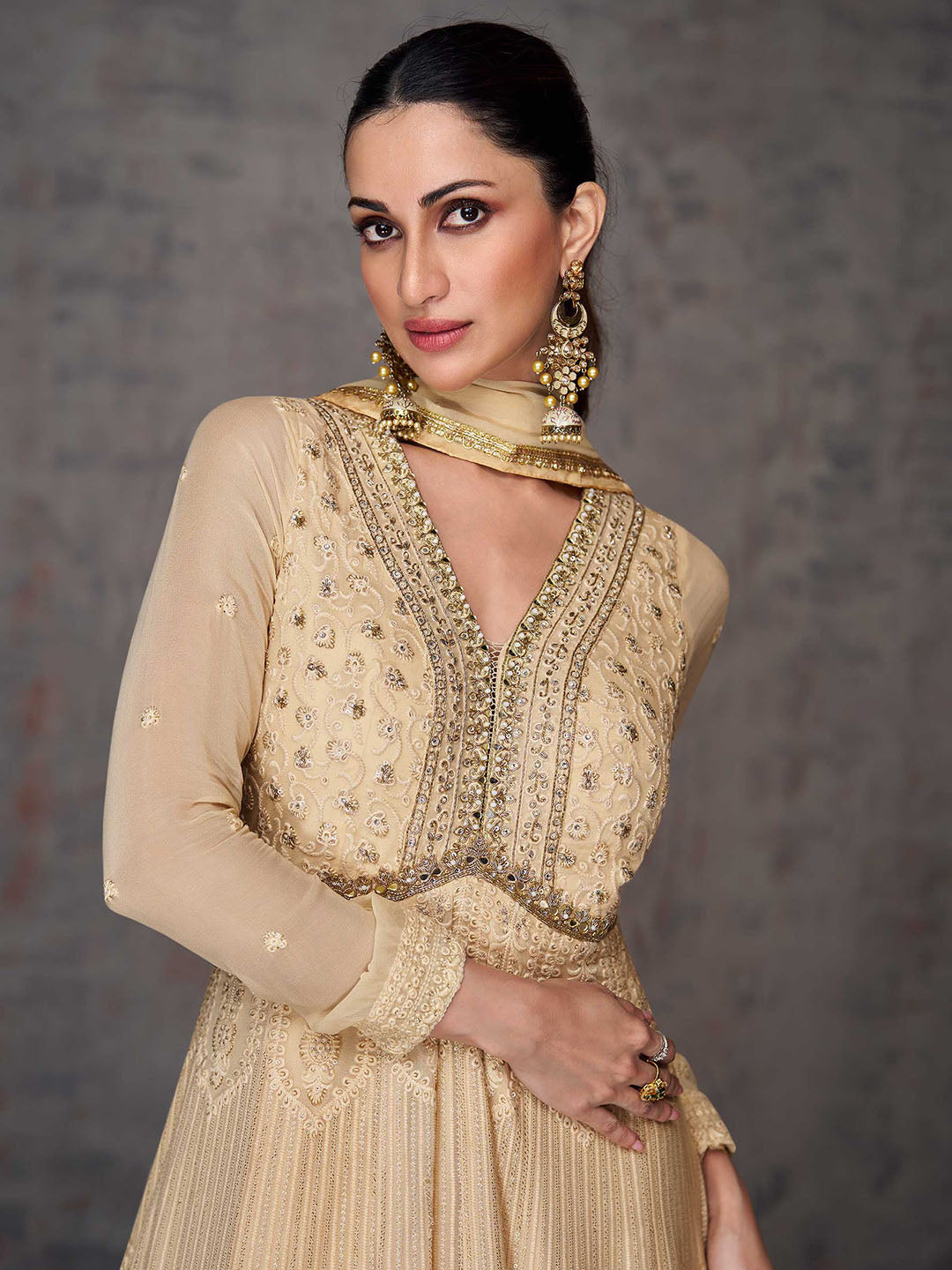 Embroidered &amp; Sequin V Neck Full Sleeves Georgette Gown
