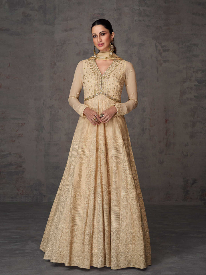 Embroidered &amp; Sequin V Neck Full Sleeves Georgette Gown