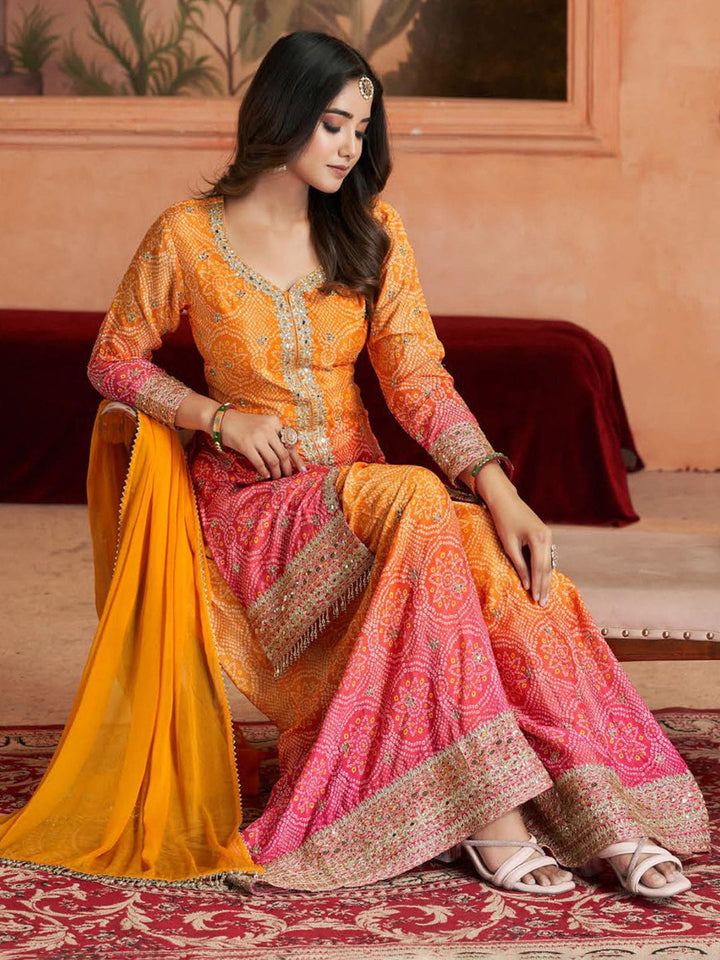 Embroidered Chinon Kurti With Plazzo &amp; Dupatta