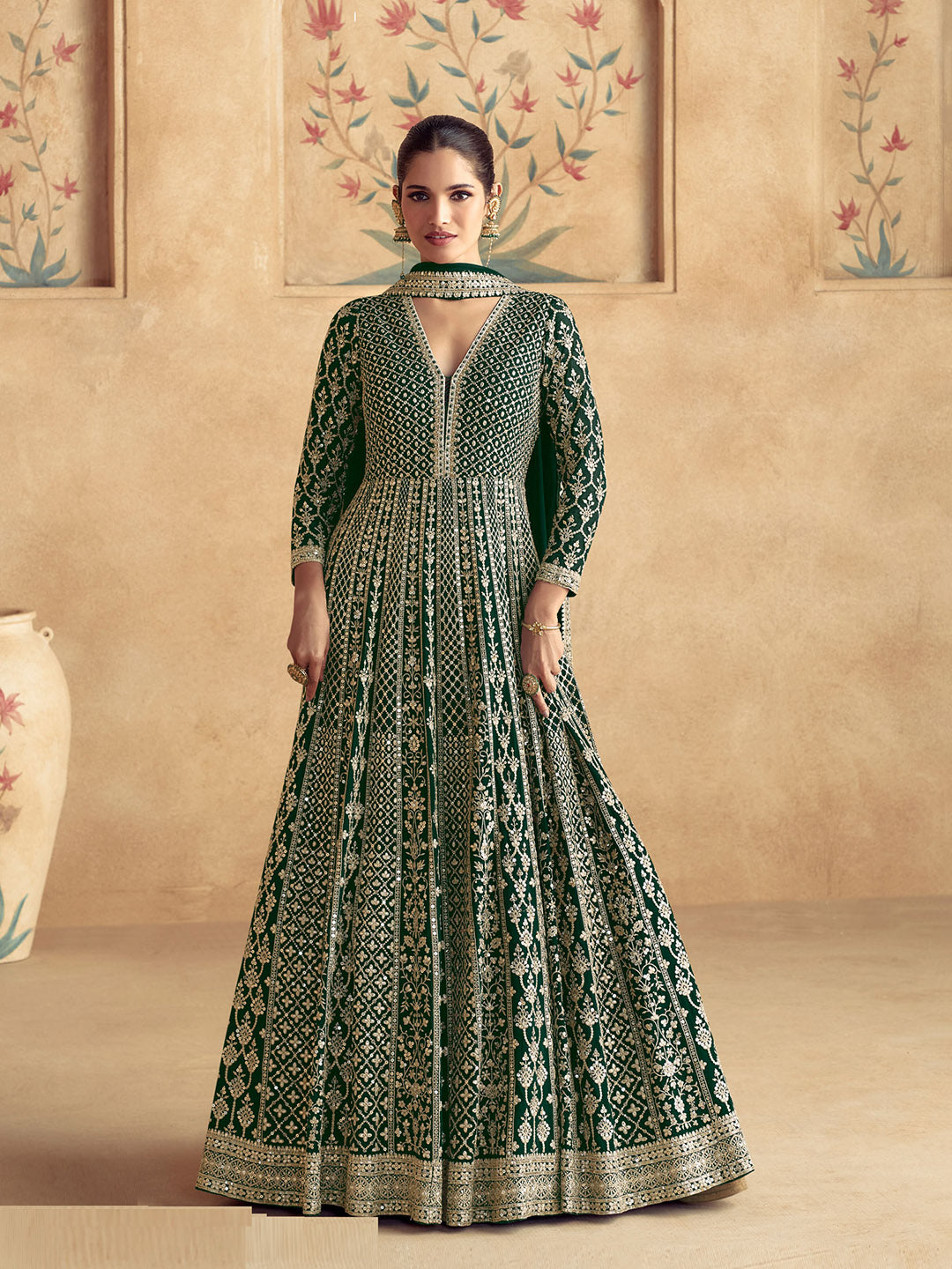 Embroidered Georgette Kurta With Pants &amp; Dupatta