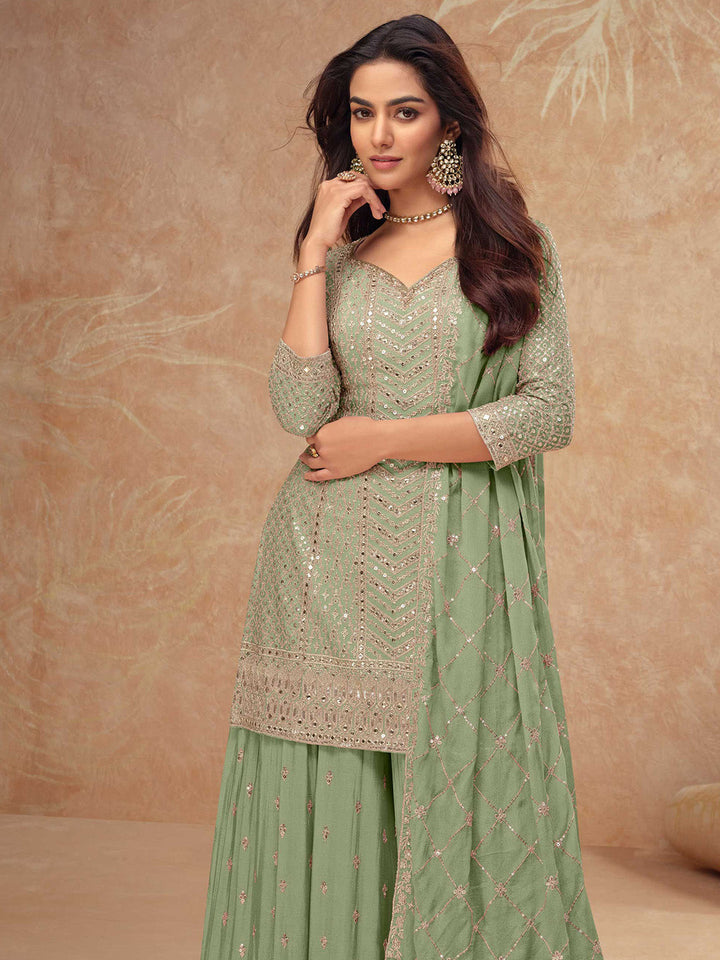 Embroidered Georgette Kurta With Pants &amp; Dupatta