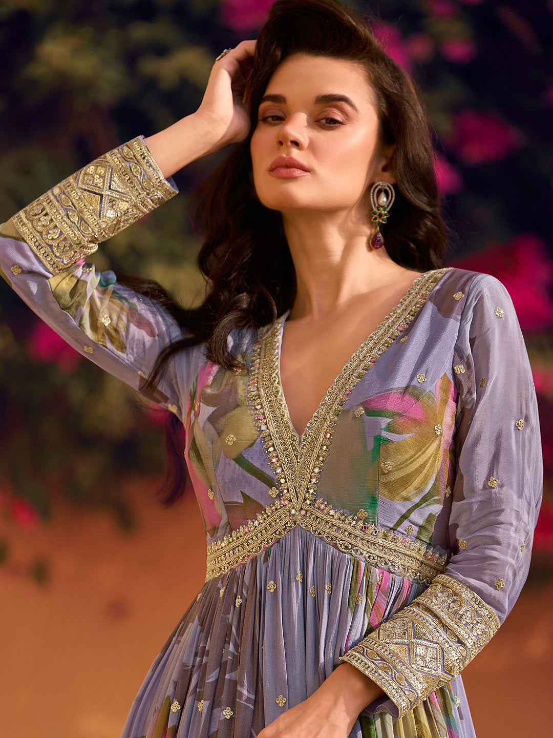 Printed &amp; Embroidered Chinon Gown With Dupatta