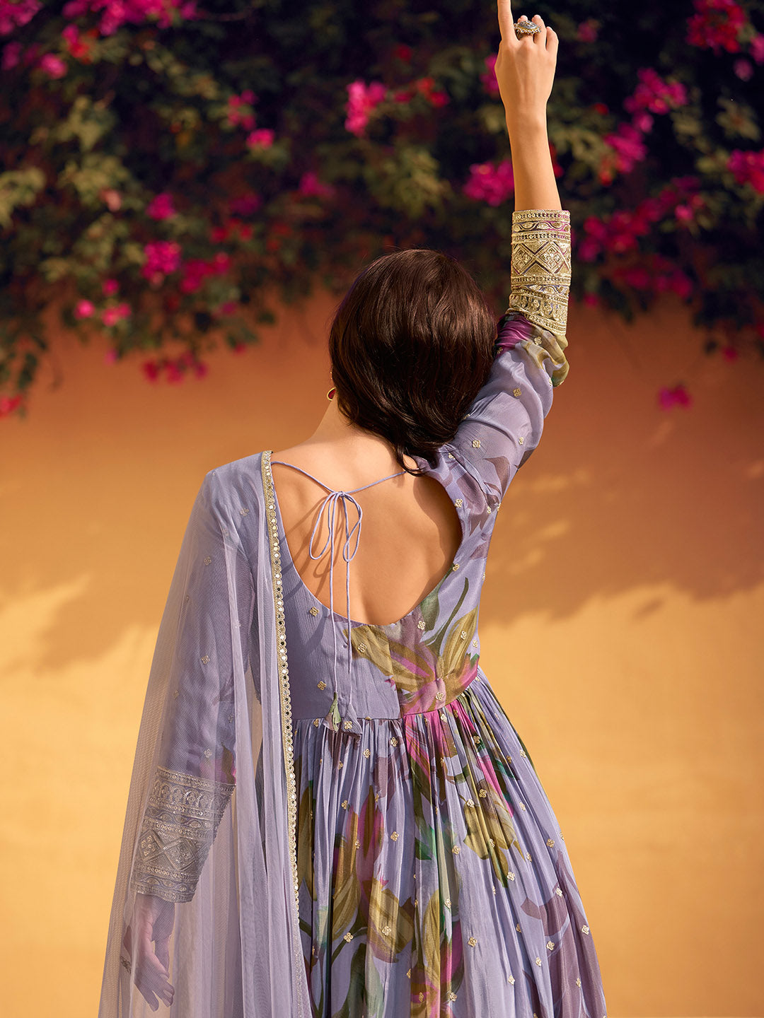 Printed &amp; Embroidered Chinon Gown With Dupatta