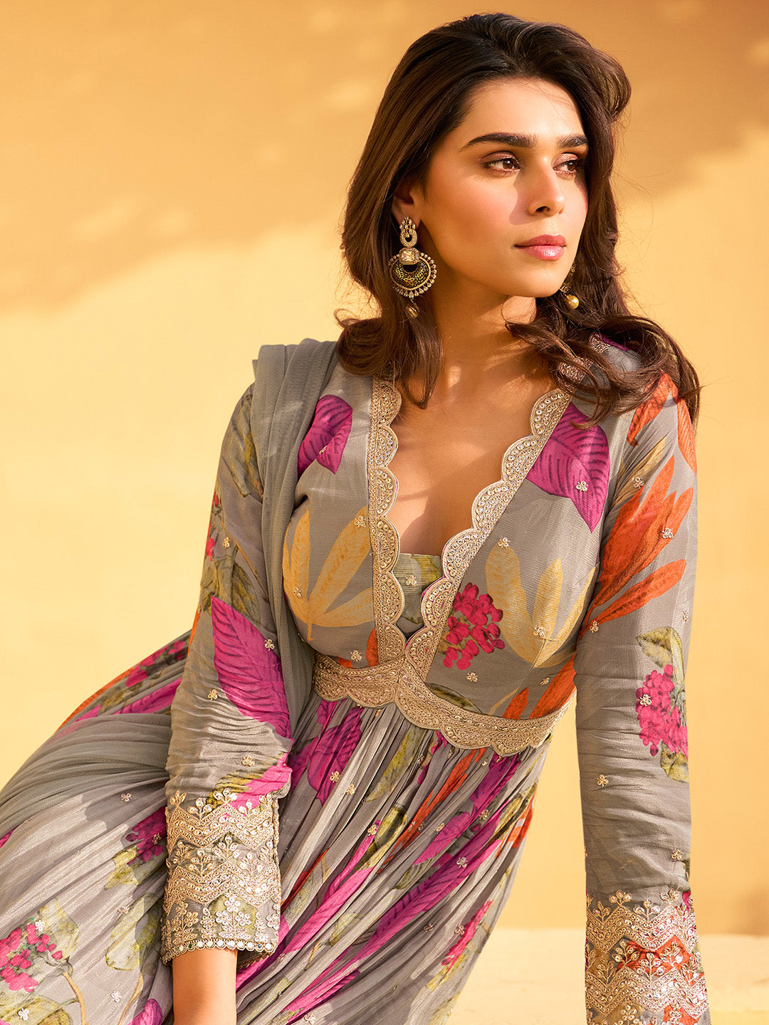 Printed &amp; Embroidered Chinon Gown With Dupatta